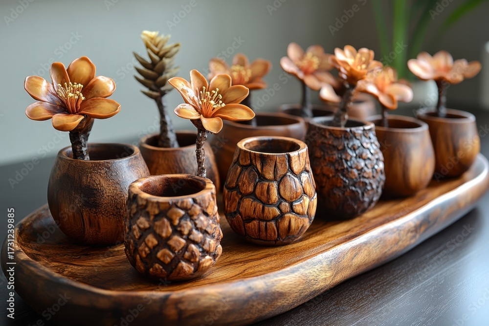 Fototapeta premium small wooden vases on a tray.