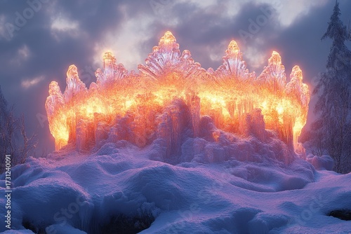 Fire burning in the middle of a large ice-covered mountain.