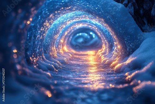 Spiral tunnel carved into snowy mountain.