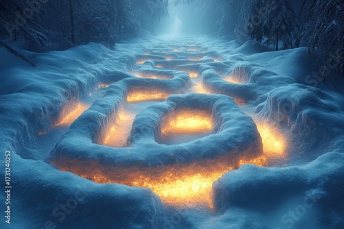 A crackling fire pit in a snowy forest.