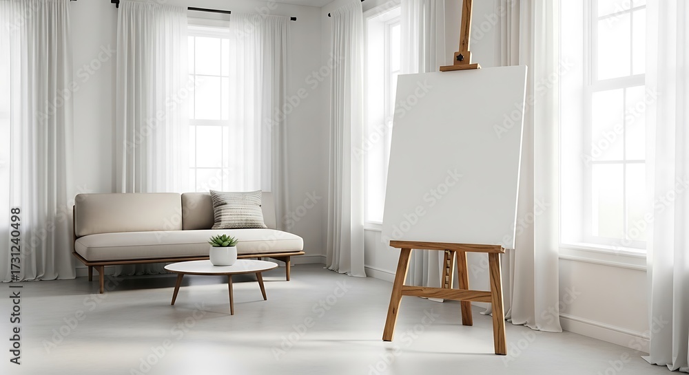 Fototapeta premium Art studio interior featuring an easel with a blank canvas, evoking creativity and design