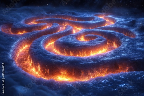 Spiral of fire in dark blue ocean.