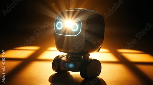 Robot toy glowing in dark room.