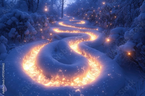 Fire blazing on snow-covered path.