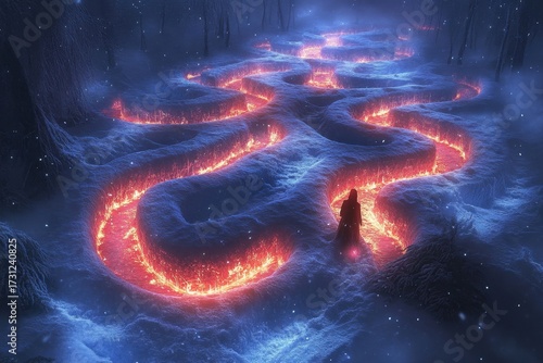 Man surrounded by fire in snowy forest.