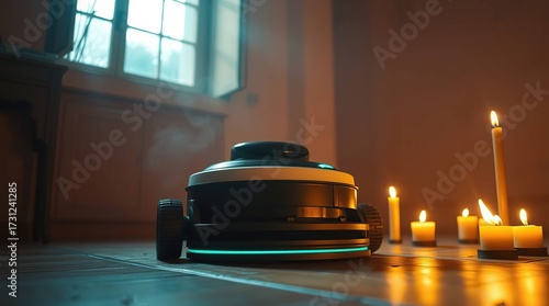 Robot vacuum candlelit room.