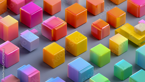 A vibrant and colorful arrangement of translucent geometric cubes in a repeating pattern