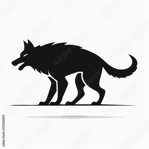 Powerful vector silhouette of an aggressive werewolf or wolf, in a minimalistic black and white design, capturing primal ferocity and untamed spirit