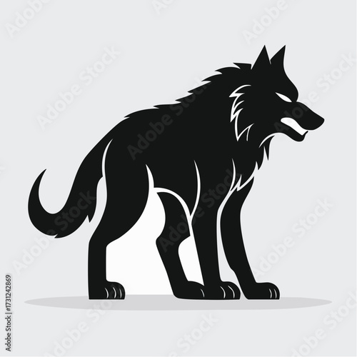 Stylized vector icon of an aggressive black wolf silhouette in a fierce, snarling stance. Minimalistic predator mascot for a logo or emblem