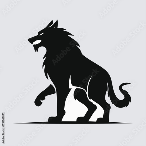 A fierce mythological wolf creature in a minimalistic black silhouette. This vector icon shows an aggressive, roaring beast, perfect for a powerful logo or brand identity
