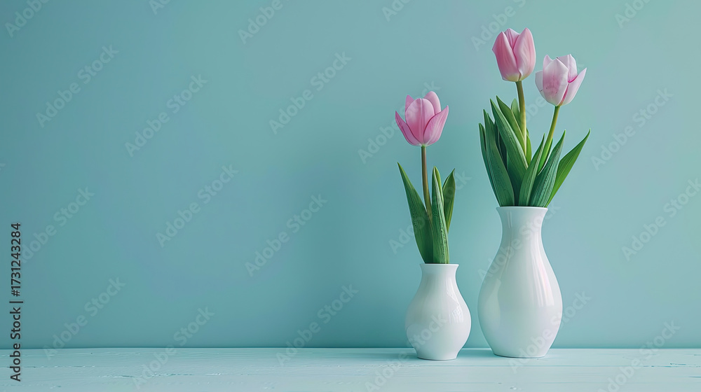 Obraz premium Tulips in vase which are colors pink, white and red. Beauty shines from inside the flowers, there is space for editing text fitting for design. the tulips with turquoise color backgroud.