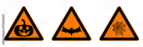 halloween pumpkin bat spider web warning triangle road sign