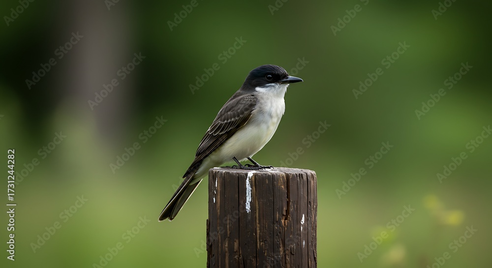 Fototapeta premium Eastern kingbird perched on a wooden post against blurred natural backdrop