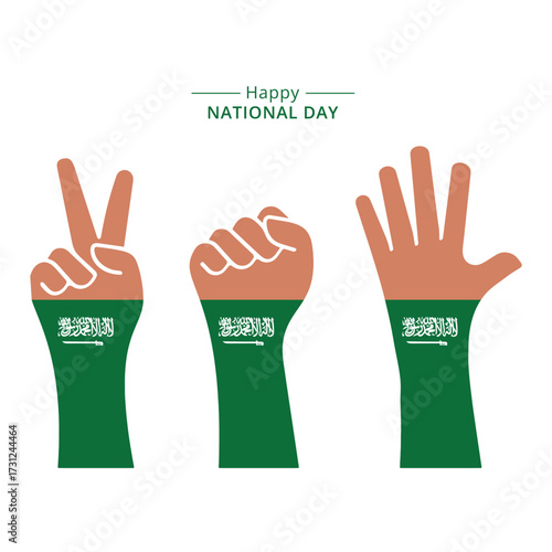 Patriotic Saudi National Day illustration vector design featuring cultural symbols, green flag, skyline, and festive elements, perfect for celebrations, creative projects, and graphic design use.