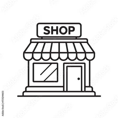 Vector design shows a simple elegant shop icon, outlined strongly in black, rendered in monochrome style, perfect for branding, signage, or logos.