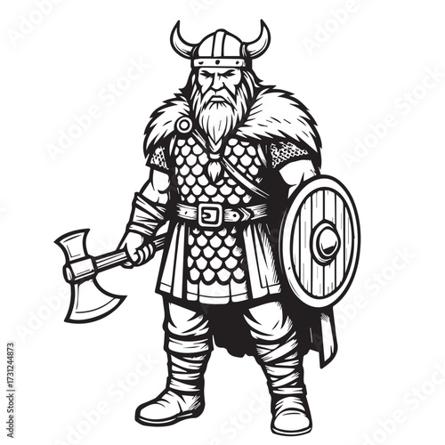 Vector illustration of a man wearing traditional Viking costume, war attire style, rendered in black and white with strong bold black outline.