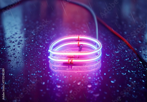 Abstract Neon Light Reflections on Wet Surface with Raindrops Captivating Nighttime Scene for Modern Art and Design