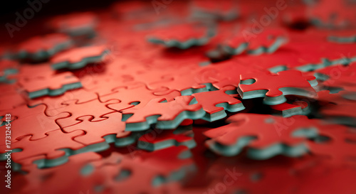 Abstract Red Jigsaw Puzzle Pieces Representing Problem Solving and Teamwork with a Strategic Perspective