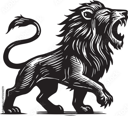 Fierce roaring lion illustration in black and white woodcut style with detailed mane and powerful stance