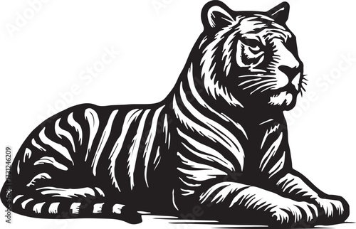 Majestic black and white tiger lying down in a powerful and regal pose on a white background