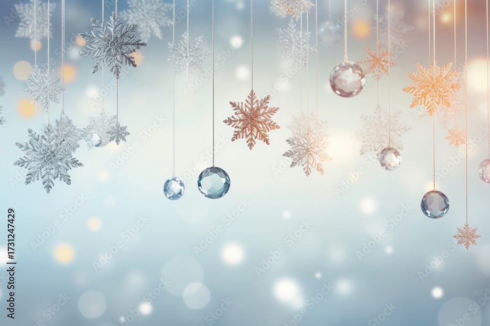 Fototapeta premium Elegant snowflakes suspended from a luminous bright light white background backgrounds christmas illuminated.