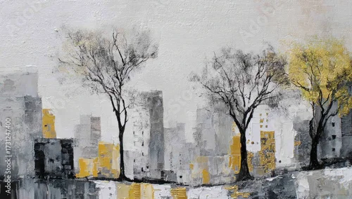Panel kuchenny z motywem Abstract cityscape painting with muted grey, yellow, and white tones depicting stylized trees amidst buildings