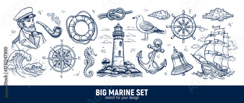 Big Marine Set A Collection of Nautical Illustrations and Icons for Various Uses. Vector hand-drawn sketches