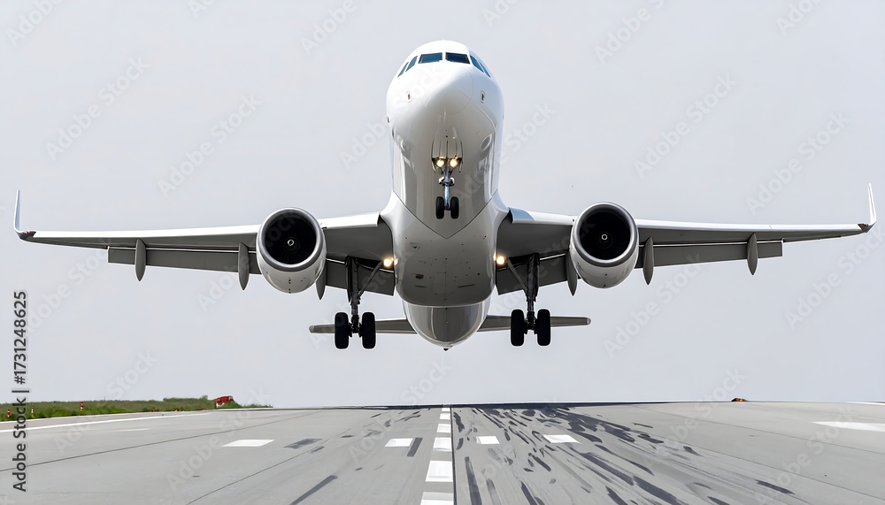 Fototapeta premium A white passenger jet taking off from a runway