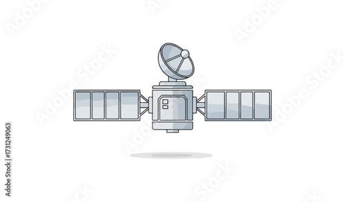 Satellite illustration with solar panels and antenna against black background