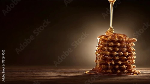 Golden syrup pouring over stack of waffles on wooden surface