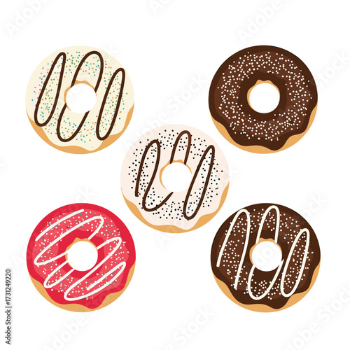 A collection of five delicious donuts with different toppings and flavors including chocolate strawberry and vanilla frosting and sprinkles