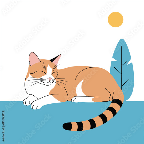 A contented ginger and white cat rests peacefully outdoors under a bright sun near a stylized blue leaf.