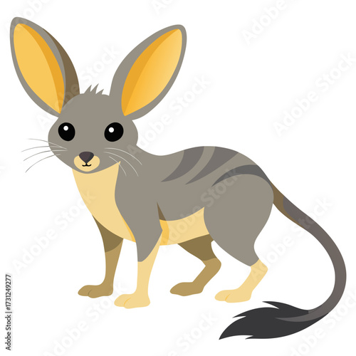 Gray bilby with large yellow ears, striped body, long tail with black tip, and yellow legs standing.