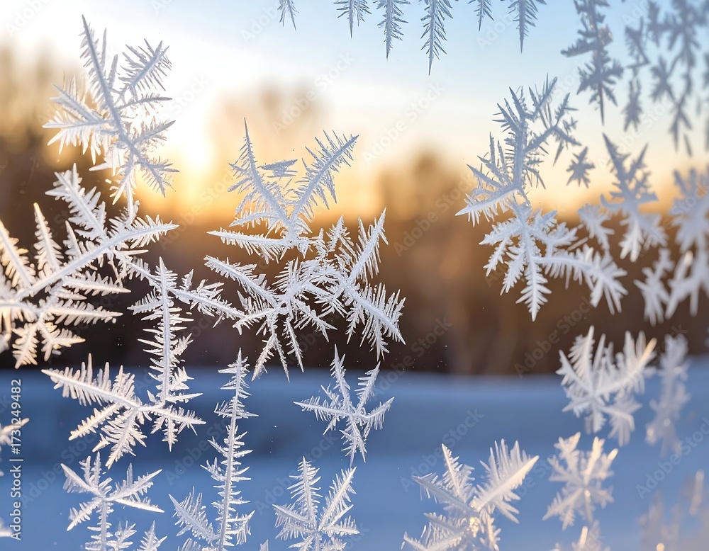 Obraz premium Intricate frost patterns adorn a windowpane, backlit by a warm sunset