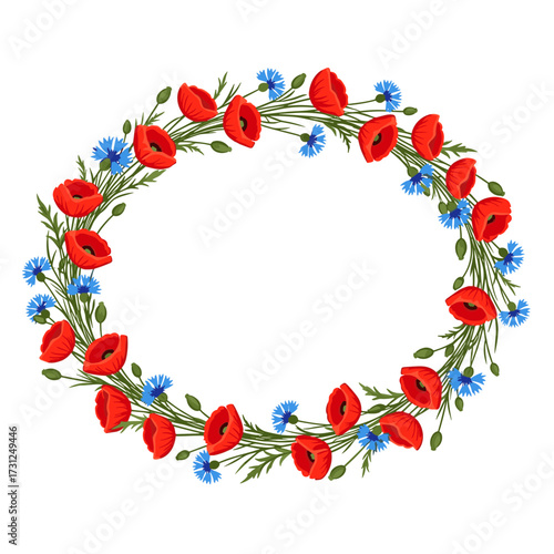 A beautiful oval wreath made of vibrant red poppies and delicate blue cornflowers is artistically arranged.