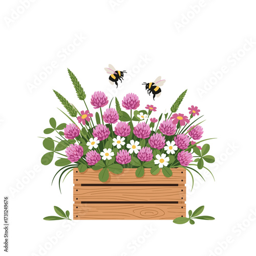 A wooden planter box filled with vibrant wildflowers and buzzing bees on a sunny day.
