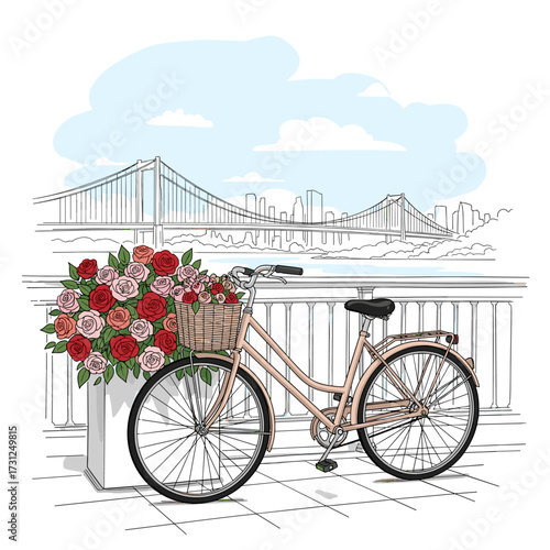 A vintage bicycle adorned with a basket full of vibrant roses stands ready for a scenic ride along a picturesque waterfront promenade with a majestic bridge in the background.