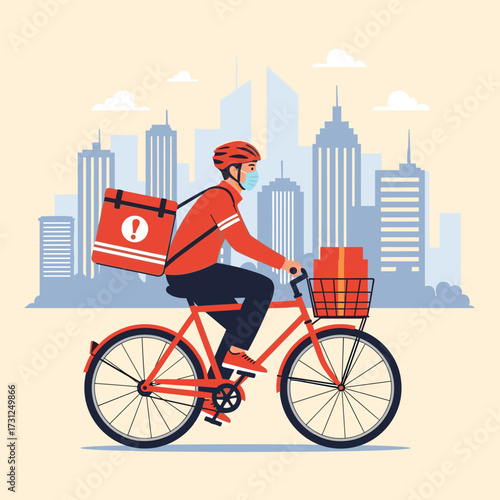 A delivery person on a bicycle transports packages through a city street.