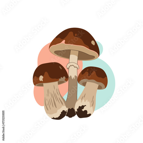 A delightful illustration featuring three earthy brown mushrooms on a soft pastel background. This artwork celebrates the natural beauty and simple elegance of forest fungi.