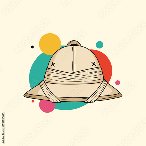 An adventurous pith helmet adorned with bandages and crossing the colorful circles of exploration.