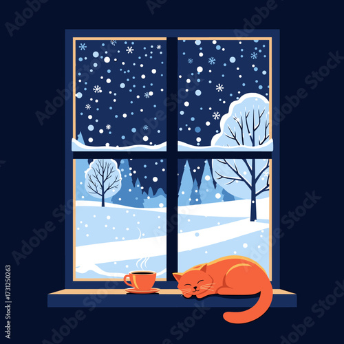 A cozy ginger cat sleeps on a windowsill next to a steaming cup of coffee while snow falls outside.