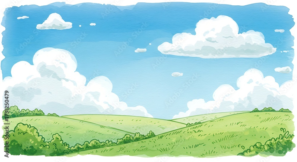 Fototapeta premium Cartoon landscape illustration rolling green hills under bright blue sky with clouds