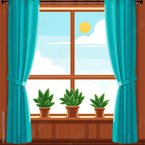 A sunlit window with turquoise curtains framing a bright day with fluffy clouds and a gentle breeze.