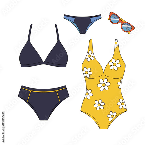Collection of stylish swimwear and accessories for a summer vacation.