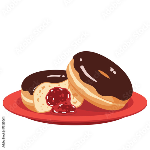 Delicious chocolate iced donuts filled with sweet strawberry jam sit on a red plate.