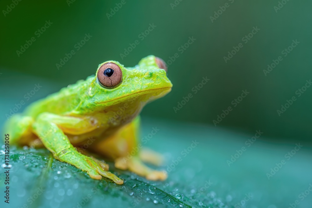 Obraz premium Bright green frog perched on leaf, showcasing unique vibrant col