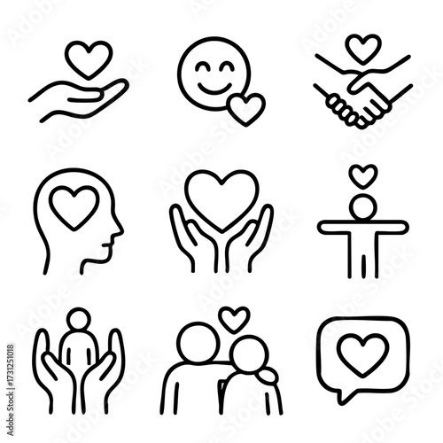 A set of doodle line icons focused on empathy, love, mental health, compassion, support, and emotional well-being in human connection