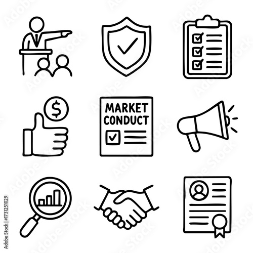 A set of doodle line icons related to business ethics, corporate compliance, regulations, trust, integrity, auditing, and accountability