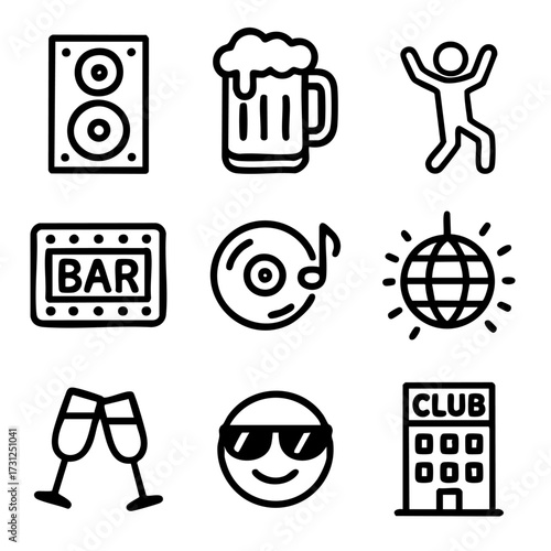 A set of doodle line icons representing nightlife activities like clubbing, dancing, drinking, music, bars, DJs, and party fun