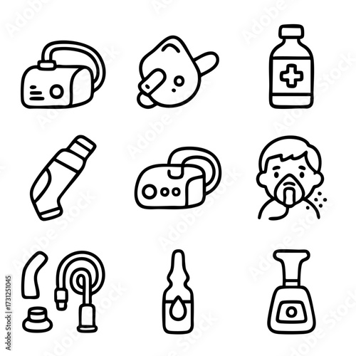 A set of doodle line icons showing respiratory therapy tools like nebulizers, inhalers, medicine vials, masks, and breathing equipment